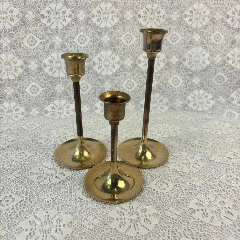 Vintage Brass Graduated Taper Candle Holders Set of 3 Mid Century